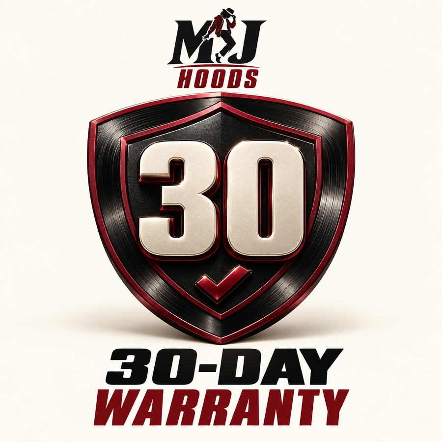MJ HOODS 30-Day Warranty in black, cream and burgundy.
