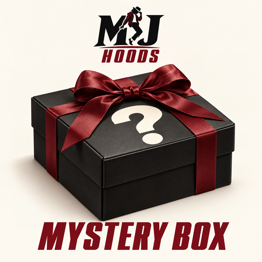 MJ HOODS Mystery Box in black, cream and burgundy.