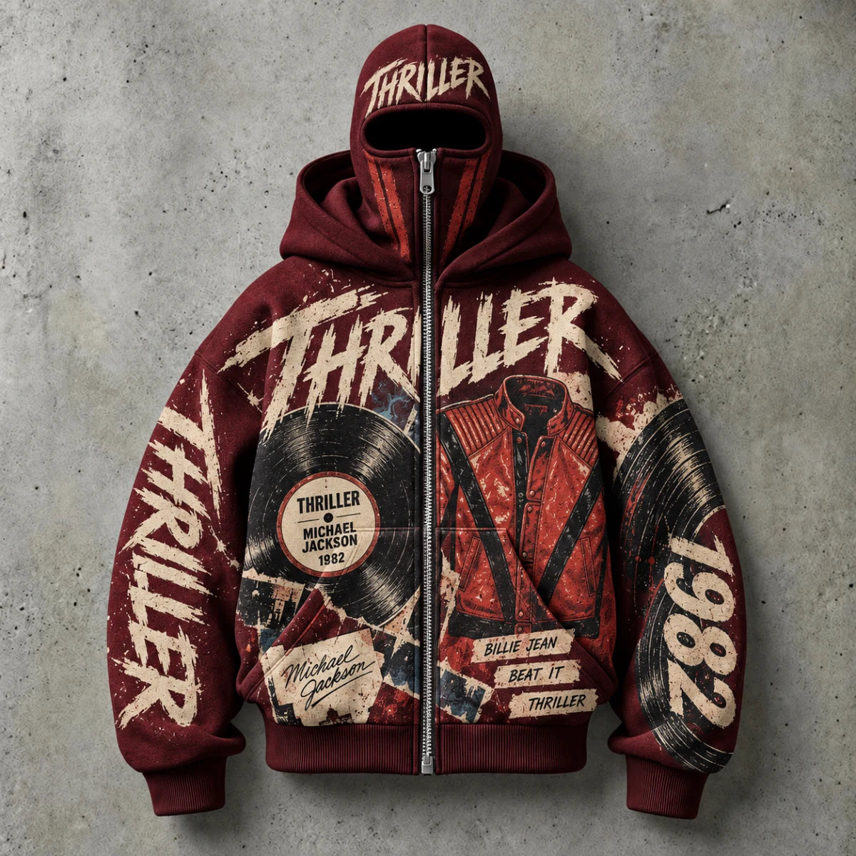 Thriller burgundy and cream double-hood hoodie with red-jacket and vinyl artwork